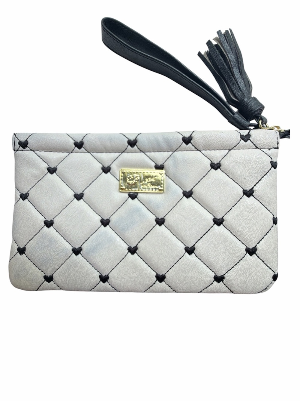 Betsey Johnson White Quilted Wristlet Clutch with Black Accents and Tassel